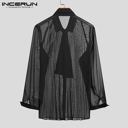 INCERUN Men Sexy Shirt Mesh See Through Lapel Long Sleeve Camisas WIth Tie Streetwear 2023 Pleated Solid Party Men Clothing 5XL