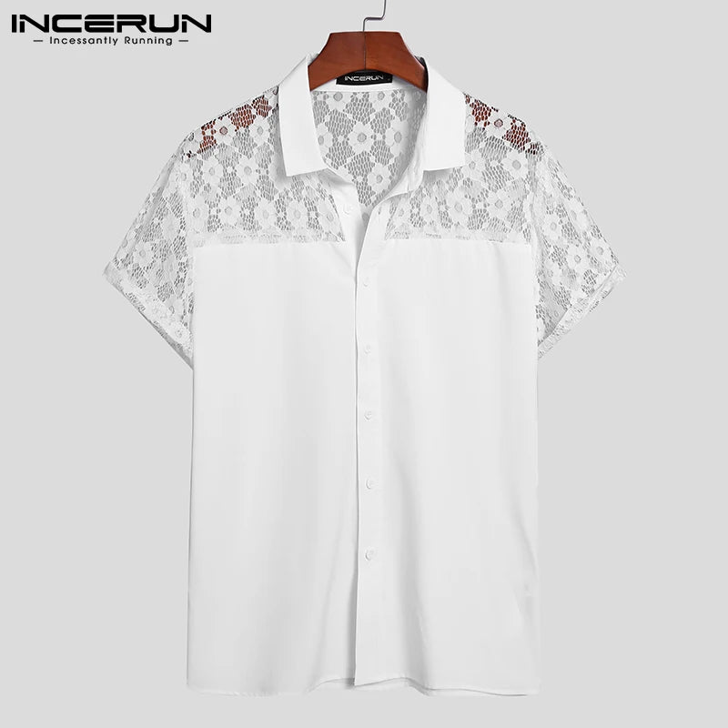 Men Shirt Lace Mesh Patchwork Lapel Short Sleeve Streetwear See Through Sexy Camisas Summer 2023 Party Men Clothing INCERUN