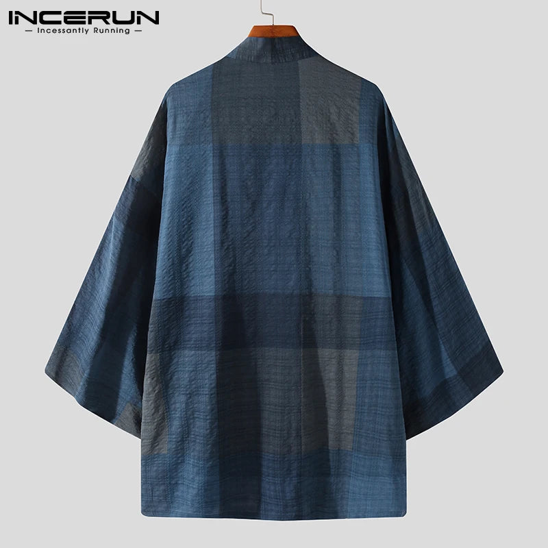 Mode Hommes Trench Coton Point Ouvert Manteaux Solide À Manches Longues Décontracté Japonais Kimono Streetwear Cardigan 2023 Vêtements D'extérieur INCERUN