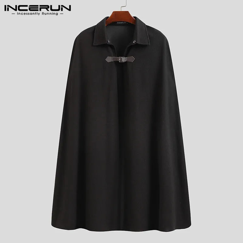 INCERUN 2023 Fashion Men Cloak Coats Solid Color One Button Lapel Cape Trench Streetwear Winter Faux Blends Overcoat Men Jackets