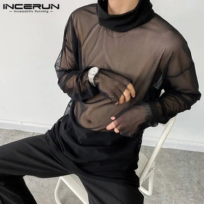 Men T Shirt Mesh See Through Turtleneck Long Sleeve Sexy Tee Tops Underwear Streetwear Party Nightclub Camisetas 2023 INCERUN