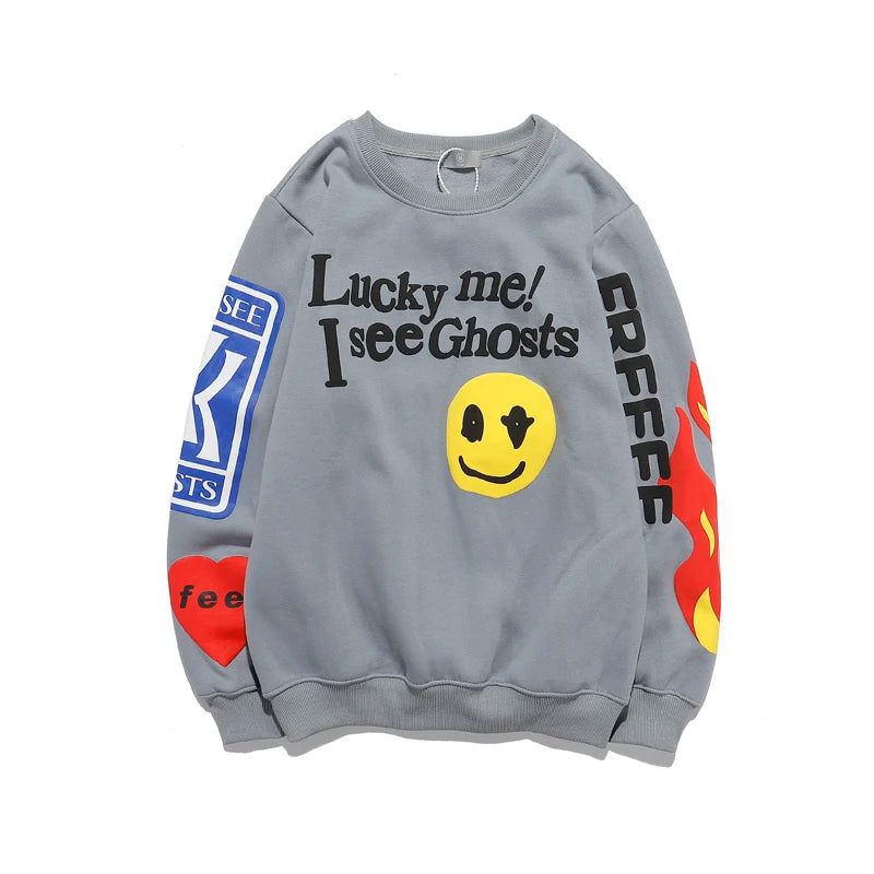 Harajuku Retro Letter Flame Puff Print Round Neck Sweatshirts for Men and Women Plus Velvet Streetwear Fleece Hoodie Pullover