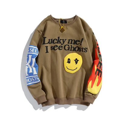 Harajuku Retro Letter Flame Puff Print Round Neck Sweatshirts for Men and Women Plus Velvet Streetwear Fleece Hoodie Pullover