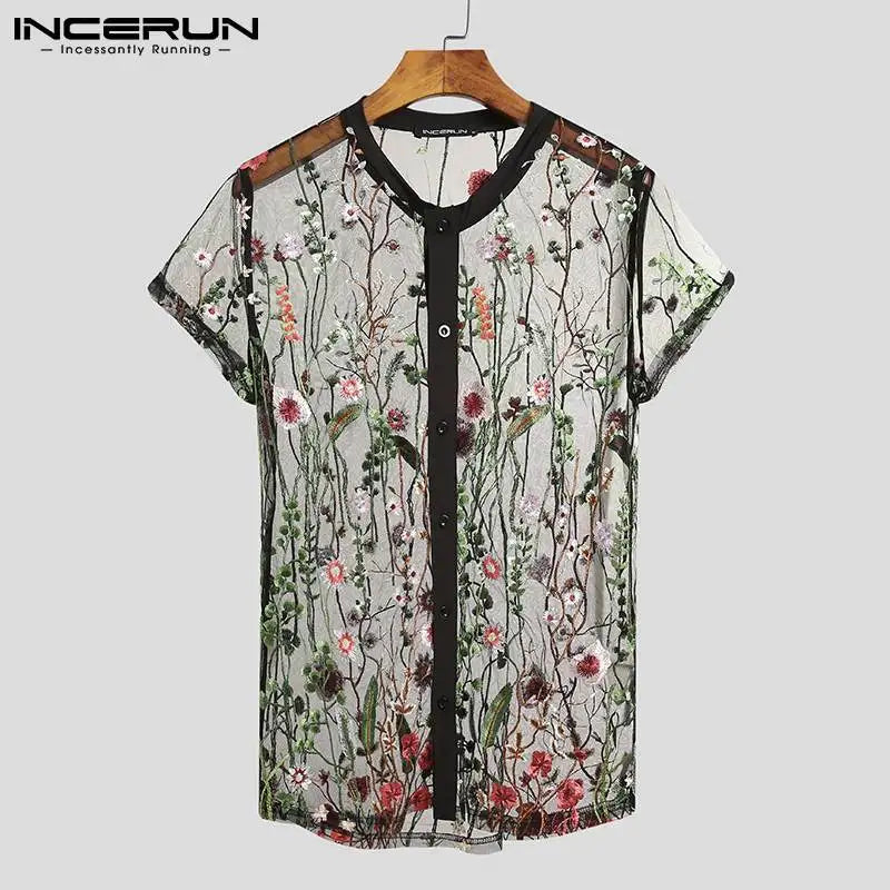 2023 Fashion Men Mesh Shirts Embroidered Short Sleeve Sexy See Through Tops Button Breathable Party Nightclub Shirts INCERUN 5XL