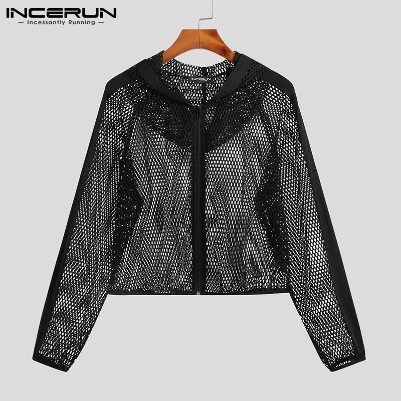 2023 Men Mesh Crop Tops Hooded Solid Color See Through Streetwear Zipper Sexy T Shirt Workout Outerwear Casual Camisetas INCERUN