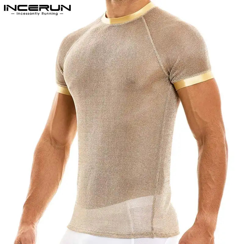 INCERUN Tops 2023 New Mens America Style Tees Sexy Shining Metal Mesh Perspective Casual Round Neck Short Sleeve T-Shirt S-5XL 7