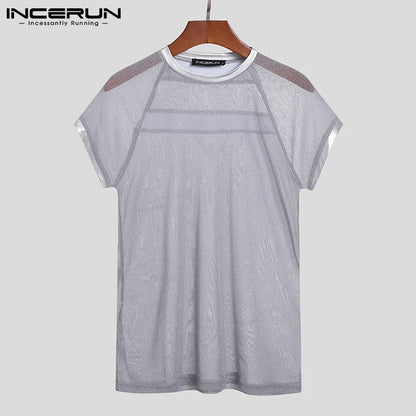 INCERUN Tops 2023 Nouveaux T-shirts de style américain pour hommes Sexy Brillant Métal Maille Perspective Décontracté Col Rond Manches Courtes T-shirt S-5XL 7