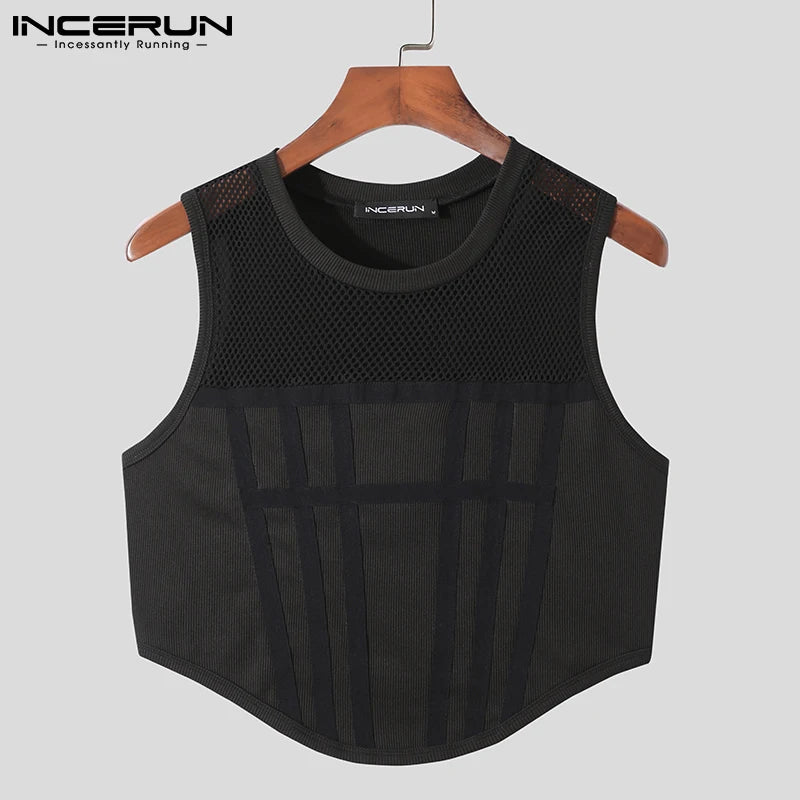 Männer Tank Tops Mesh Patchwork 2023 Rundhals Ärmelloses Durchsichtig Sexy Westen Streetwear Party Nachtclub Männer Crop Tops INCERUN