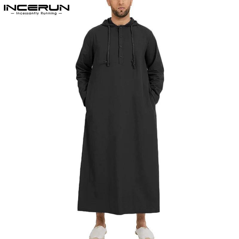 INCERUN 2023 Männer Islamischen Arabischen Muslimischen Kaftan Thobe Langarm Mit Kapuze Roben Saudi-arabien Dubai Jubba Thobe Männer Moslemische Kleidung 5XL