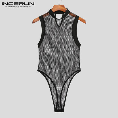 INCERUN Men's Stylish Sleeveless Bib Pants Breathable Mesh Sexy Leisure Bodysuits Comfortable Homewear Triangle Jumpsuit S-5XL 7