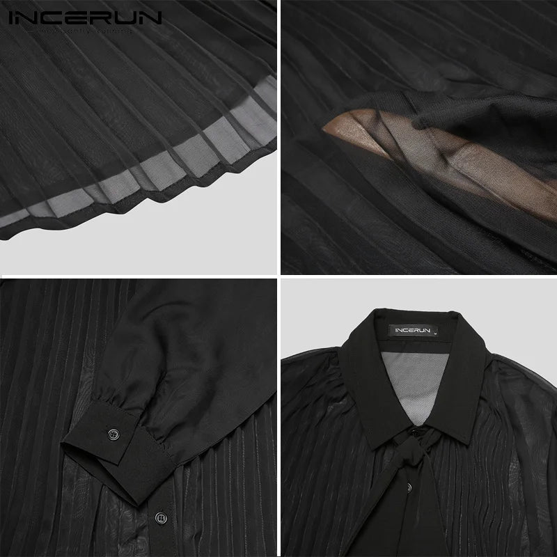 INCERUN Men Sexy Shirt Mesh See Through Lapel Long Sleeve Camisas WIth Tie Streetwear 2023 Pleated Solid Party Men Clothing 5XL