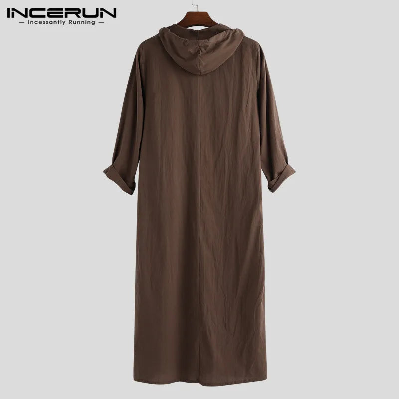 INCERUN 2023 Männer Islamischen Arabischen Muslimischen Kaftan Thobe Langarm Mit Kapuze Roben Saudi-arabien Dubai Jubba Thobe Männer Moslemische Kleidung 5XL