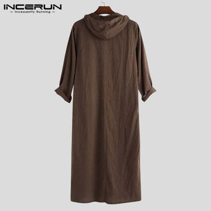 INCERUN 2023 Hommes Islamique Arabe Musulman Kaftan Thobe Manches Longues À Capuche Robes Arabie Saoudite Dubaï Jubba Thobe Hommes Musulman Vêtements 5XL