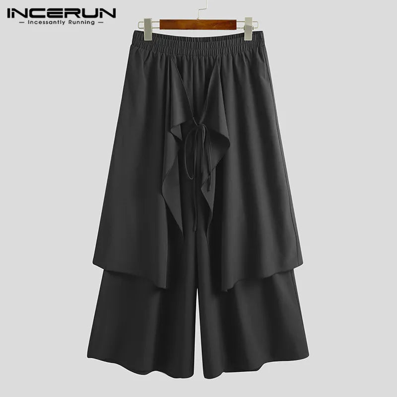 2023 Fashion Men Wide Leg Pants Solid Color Elastic Waist Irregular Skirts Trousers Punk Black Joggers Loose Pantalones S-5XL 7