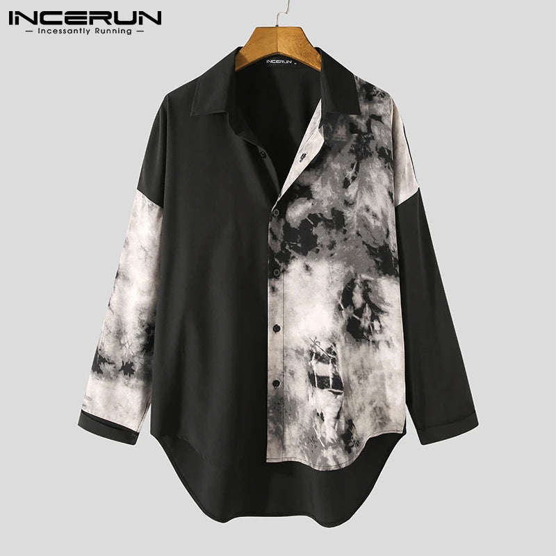 Men Casual Shirt Spring Print Patchwork Lapel Long Sleeve Streetwear Tops 2023 Korean Loose Fashion Shirts Camisas 5XL INCERUN