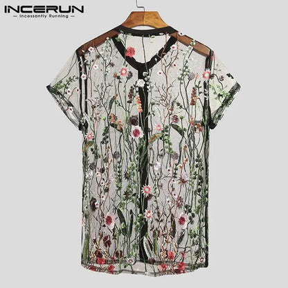 2023 Fashion Men Mesh Shirts Embroidered Short Sleeve Sexy See Through Tops Button Breathable Party Nightclub Shirts INCERUN 5XL