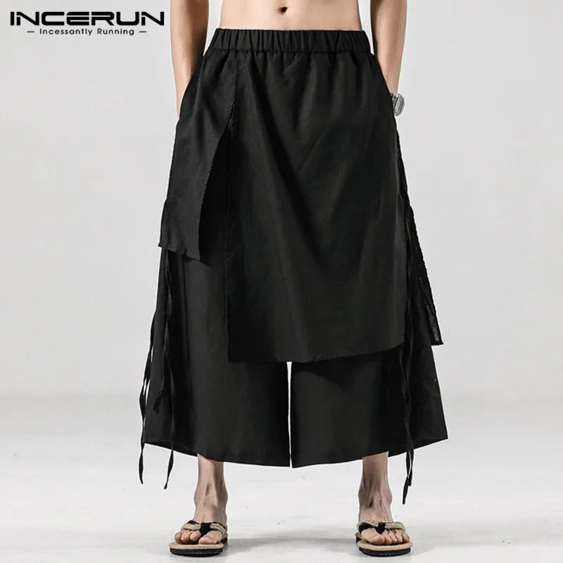 INCERUN Solid Color Men Casual Pants Joggers Elastic Waist Loose Irregular Skirt Trousers Men Streetwear Harajuku Wide Leg Pants