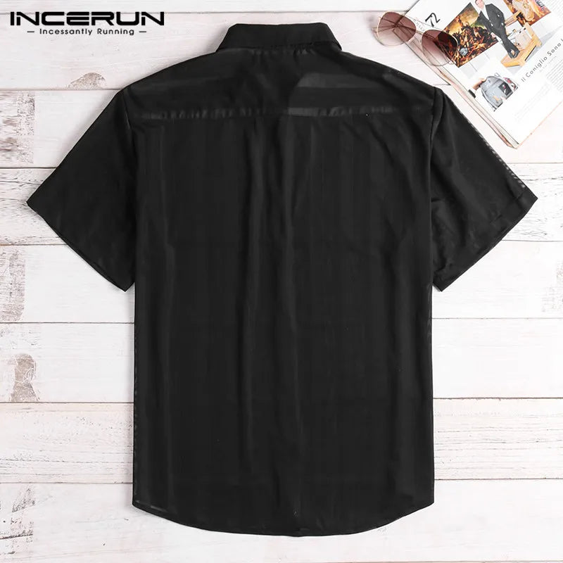 INCERUN Mode Gestreiften Sexy Hemd Männer Transparent Kurzarm Button Tops Durchsichtig Party Nachtclub Männer Shirts 2023 S-5XL