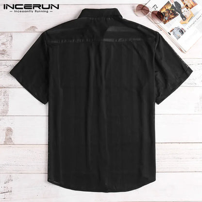 INCERUN Mode Gestreiften Sexy Hemd Männer Transparent Kurzarm Button Tops Durchsichtig Party Nachtclub Männer Shirts 2023 S-5XL