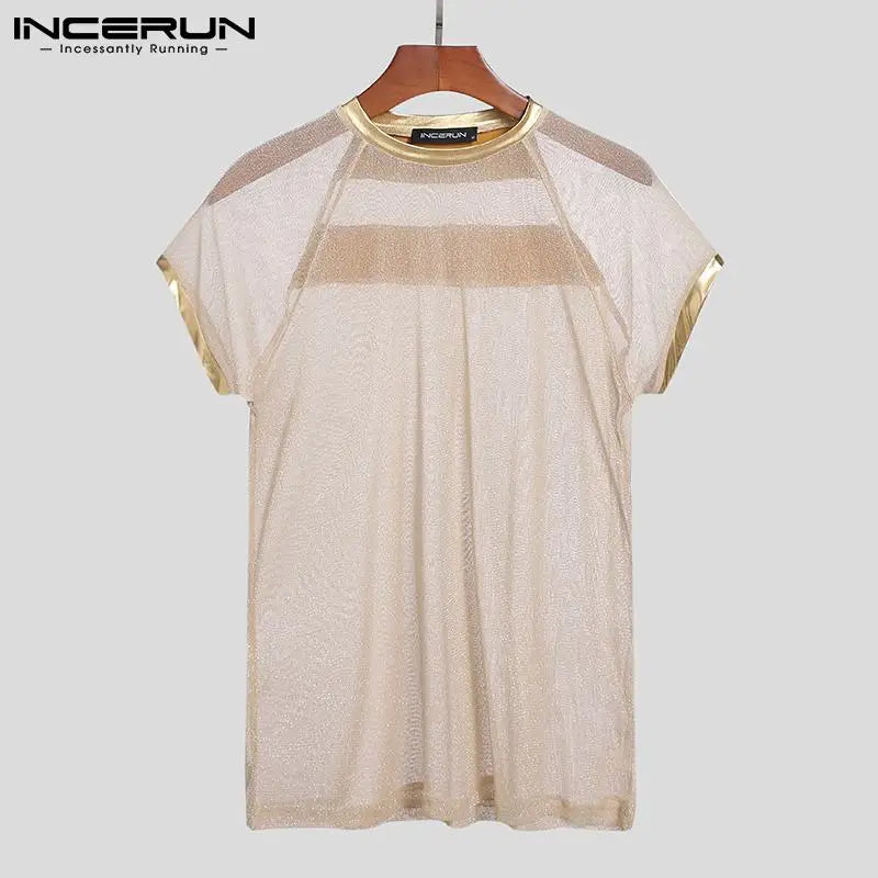 INCERUN Tops 2023 Nouveaux T-shirts de style américain pour hommes Sexy Brillant Métal Maille Perspective Décontracté Col Rond Manches Courtes T-shirt S-5XL 7