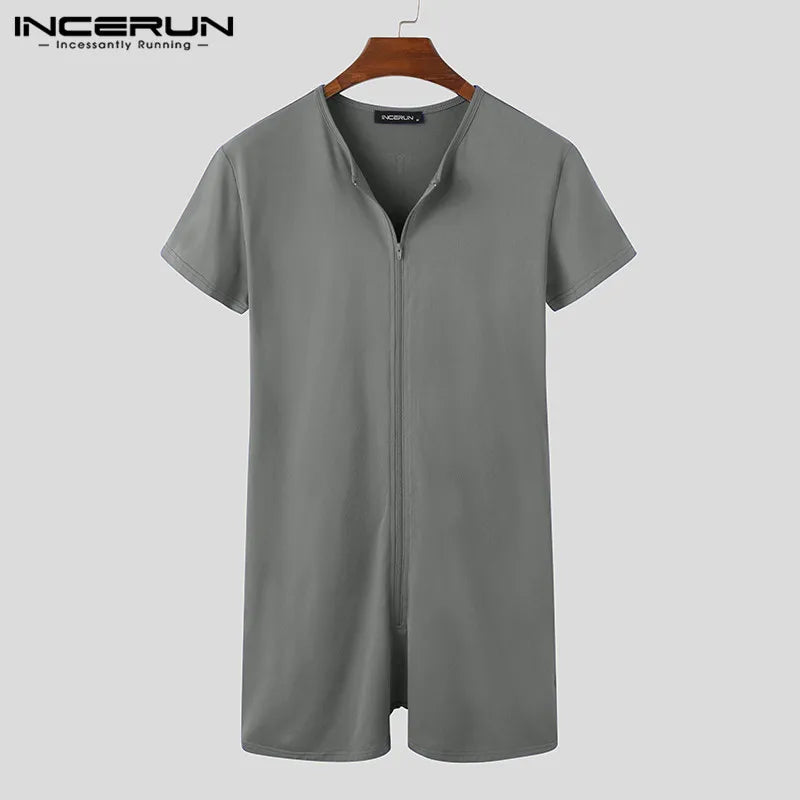 Männer Pyjamas Strampler Solide V-Ausschnitt Reißverschluss Fitness Kurzarm Gemütliche Homewear Playsuits Freizeit Männer Jumpsuit Nachtwäsche INCERUN 7