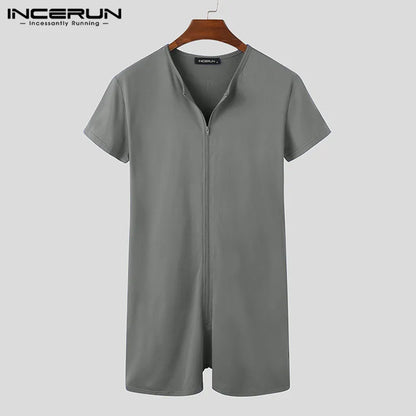 Pyjamas pour hommes Barboteuses Solide Col en V Fermeture éclair Fitness Manches courtes Confortable Homewear Combinaisons Loisirs Hommes Combinaison Vêtements de nuit INCERUN 7