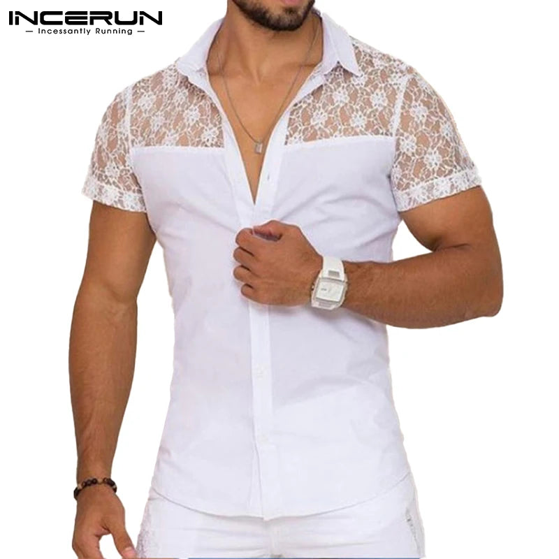 Men Shirt Lace Mesh Patchwork Lapel Short Sleeve Streetwear See Through Sexy Camisas Summer 2023 Party Men Clothing INCERUN