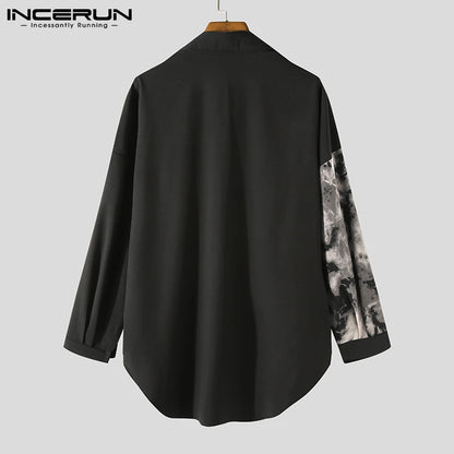 Men Casual Shirt Spring Print Patchwork Lapel Long Sleeve Streetwear Tops 2023 Korean Loose Fashion Shirts Camisas 5XL INCERUN