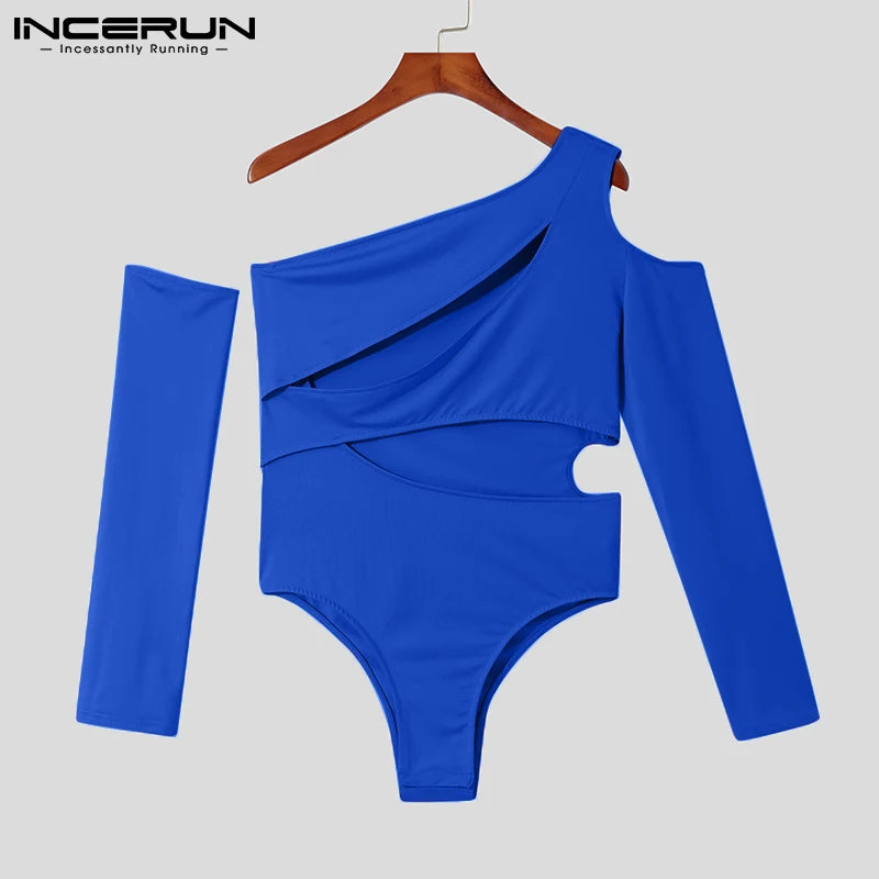 INCERUN Comfortable Men's Onesies Fashion Casual Style Sloping Shoulder One-shoulder Design Long-sleeved Triangle Jumpsuit S-5XL