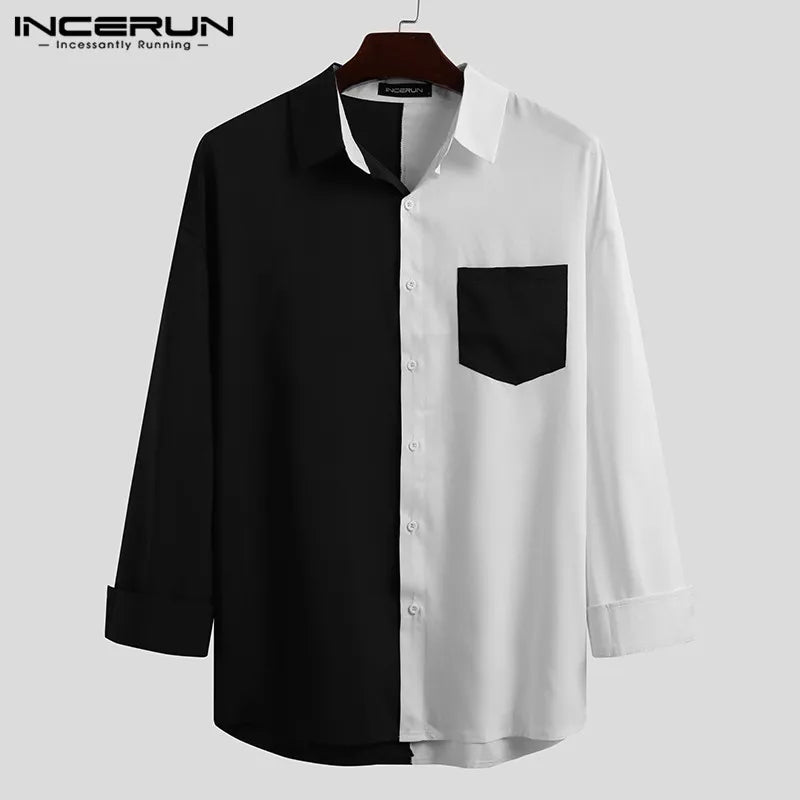 INCERUN Hommes Chemise Marque Patchwork Manches Longues Revers Bouton Camisa Masculina 2023 Streetwear Mode Coréenne Chemises Décontractées Hauts