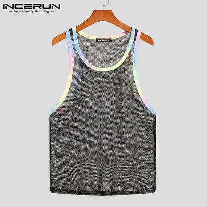 2023 sommer Männer Tank Tops Mesh Patchwork Streetwear Ärmellose Sexy Casual Westen Transparent Atmungsaktive Workout Tops 5XL INCERUN