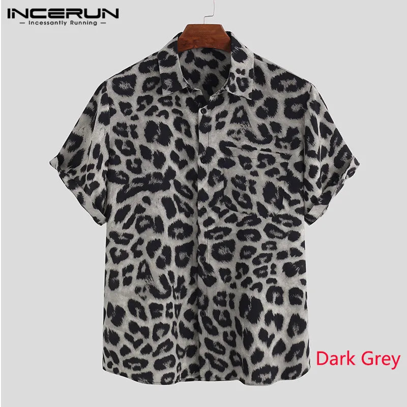 INCERUN Herren Kurzarm Revers Hemd Lässige Blumenbluse Herren Hawaiian Strand Tops Sommer Leopard Print Shirts Camisa Plus Size