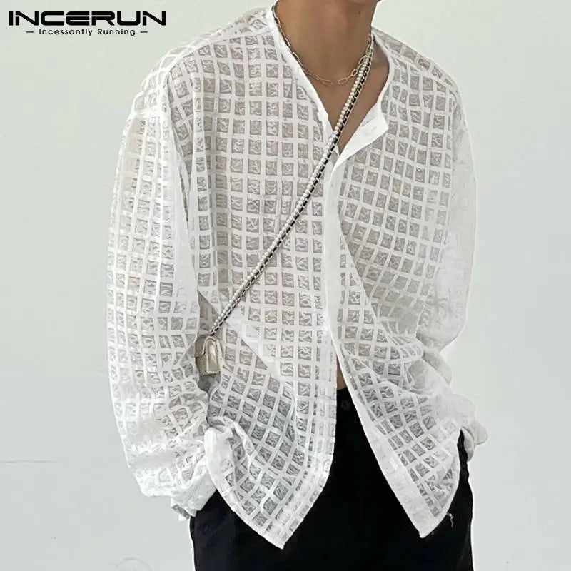 INCERUN Tops 2024 Korean Style Mens Blouse Casual Streetwear Thin Micro-permeable Breathable Mesh Check Long-sleeved Shirt S-5XL