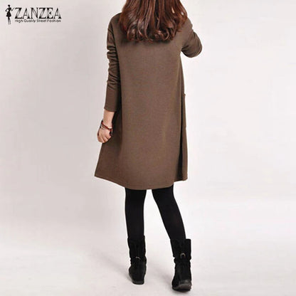 5 Color Vestidos 2023 Autumn Women Long Sleeve Pockets Dress Ladies Casual Loose Solid V Neck Dresses  Hot Sale