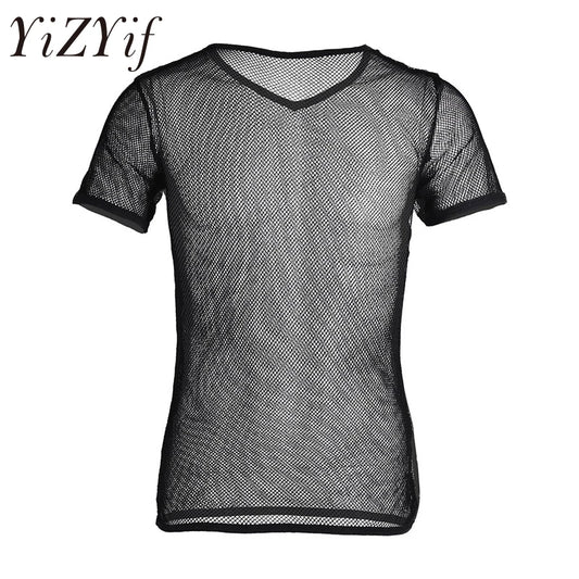 YiZYiF Sexy Mens Mesh See Through T Shirts Transparent Tops Tees Sexy Man Tshirt Singlet Male clubwear Clothes T-shirt Clothing