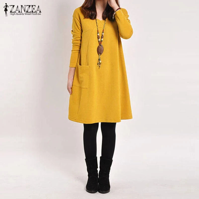 5 Color Vestidos 2023 Autumn Women Long Sleeve Pockets Dress Ladies Casual Loose Solid V Neck Dresses  Hot Sale