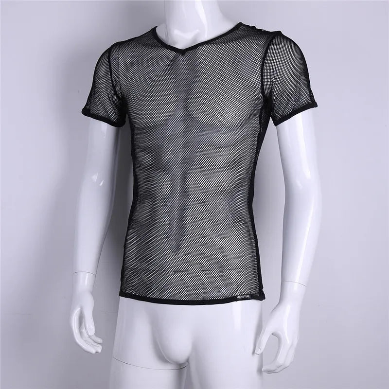 YiZYiF Sexy Mens Mesh See Through T Shirts Transparent Tops Tees Sexy Man Tshirt Singlet Male clubwear Clothes T-shirt Clothing