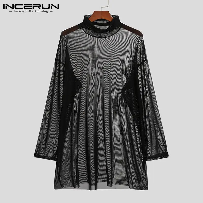 Men T Shirt Mesh See Through Turtleneck Long Sleeve Sexy Tee Tops Underwear Streetwear Party Nightclub Camisetas 2023 INCERUN