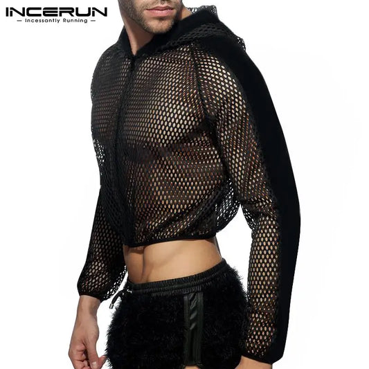 2023 Hommes Mesh Crop Tops À Capuche Couleur Unie Transparent Streetwear Fermeture Éclair Sexy T-shirt Entraînement Vêtements D'extérieur Décontractés Camisetas INCERUN