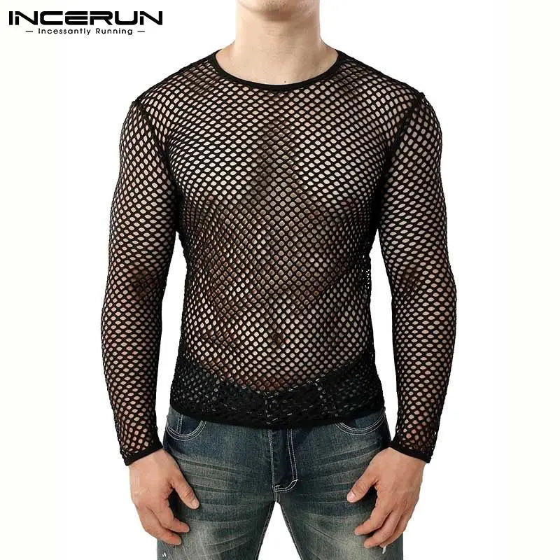 Mode Männer T Shirt Mesh O Neck Sehen Durch Streetwear Langarm T Tops 2023 Sexy Party Nachtclub Männer Kleidung S-5XL INCERUN