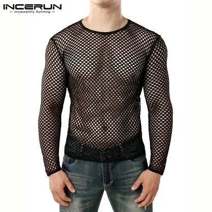 Fashion Men T Shirt Mesh O Neck See Through Streetwear Long Sleeve Tee Tops 2023 Sexy Party Nightclub Men Clothing S-5XL INCERUN