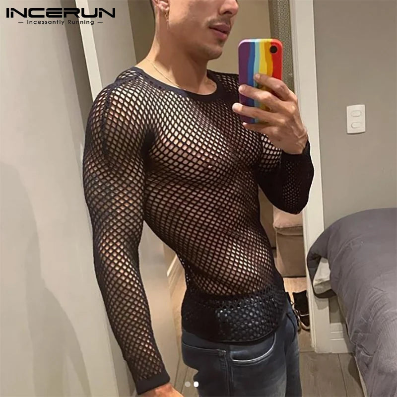 Tops 2023 Summer Fashion New Men's Undershirt O-neck Tees Long Sleeved Party Nightclub Breathable Mesh T-Shirts S-5XL INCERUN