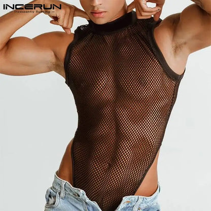 INCERUN Men's Stylish Sleeveless Bib Pants Breathable Mesh Sexy Leisure Bodysuits Comfortable Homewear Triangle Jumpsuit S-5XL 7