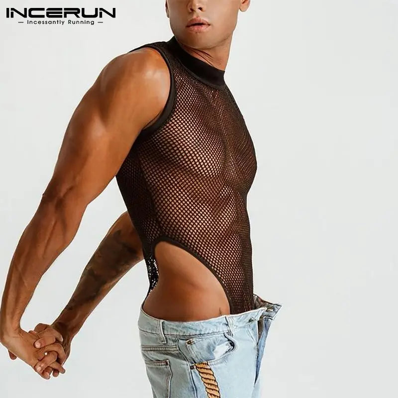 Men Bodysuit Underwear Mesh Patchwork Sleeveless Homewear See Through Thin Romper 2023 Breathable Sexy Men Bodysuits INCERUN