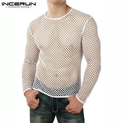 Tops 2023 Summer Fashion New Men's Undershirt O-neck Tees Long Sleeved Party Nightclub Breathable Mesh T-Shirts S-5XL INCERUN