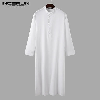 Muslim Men Jubba Thobe Long Sleeve Solid Color Breathable Robes 2023 Stand Collar Islamic Arabic Kaftan Men Abaya S-5XL INCERUN