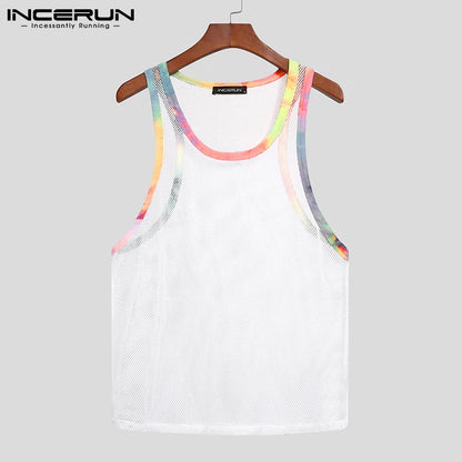 2023 Summer Men Tank Tops Mesh Patchwork Streetwear Sleeveless Sexy Casual Vests Transparent Breathable Workout Tops 5XL INCERUN