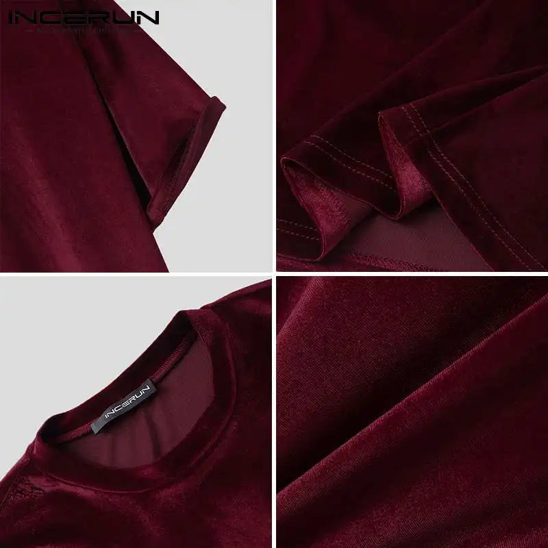 Men T Shirt Velour Solid Color O-neck Half Sleeve Streetwear Casual Camisetas Hombre Cozy 2023 Loose Leisure Tee Tops INCERUN