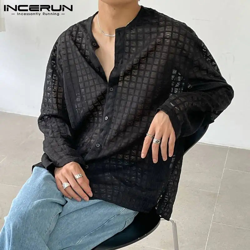 INCERUN Tops 2024 Korean Style Mens Blouse Casual Streetwear Thin Micro-permeable Breathable Mesh Check Long-sleeved Shirt S-5XL