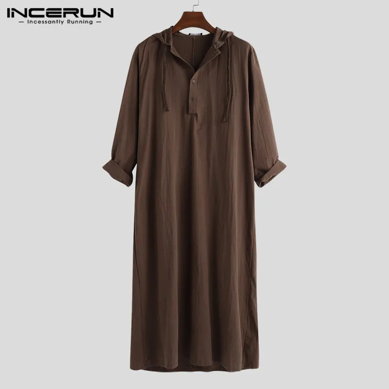 INCERUN 2023 Men Islamic Arab Muslim Kaftan Thobe Long Sleeve Hooded Robes Saudi Arabia Dubai Jubba Thobe Men Muslim Clothes 5XL